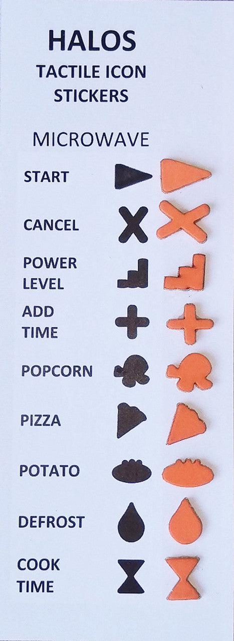 Halos Tactile Microwave Stickers in orange and black shapes for the microwave.  Great for those who are blind or low vision.