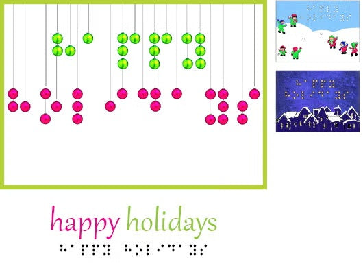 Holiday card with colorful beads ornaments, a winter scene of a village in blue, and cartoon children having a snow ball fight. Happy holidays is written with it also typed in braille
