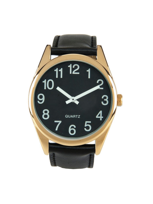 Low Vision Gold Tone Watch - Black Face with Black Leather Band