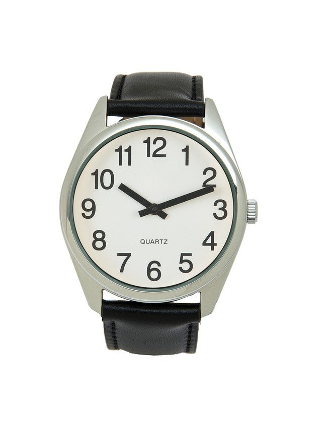 Low Vision Silver-Tone Watch - White Face with Black Leather Strap