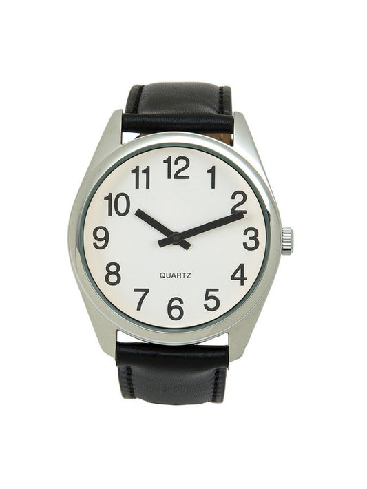 Low Vision Silver-Tone Watch - White Face with Black Leather Strap