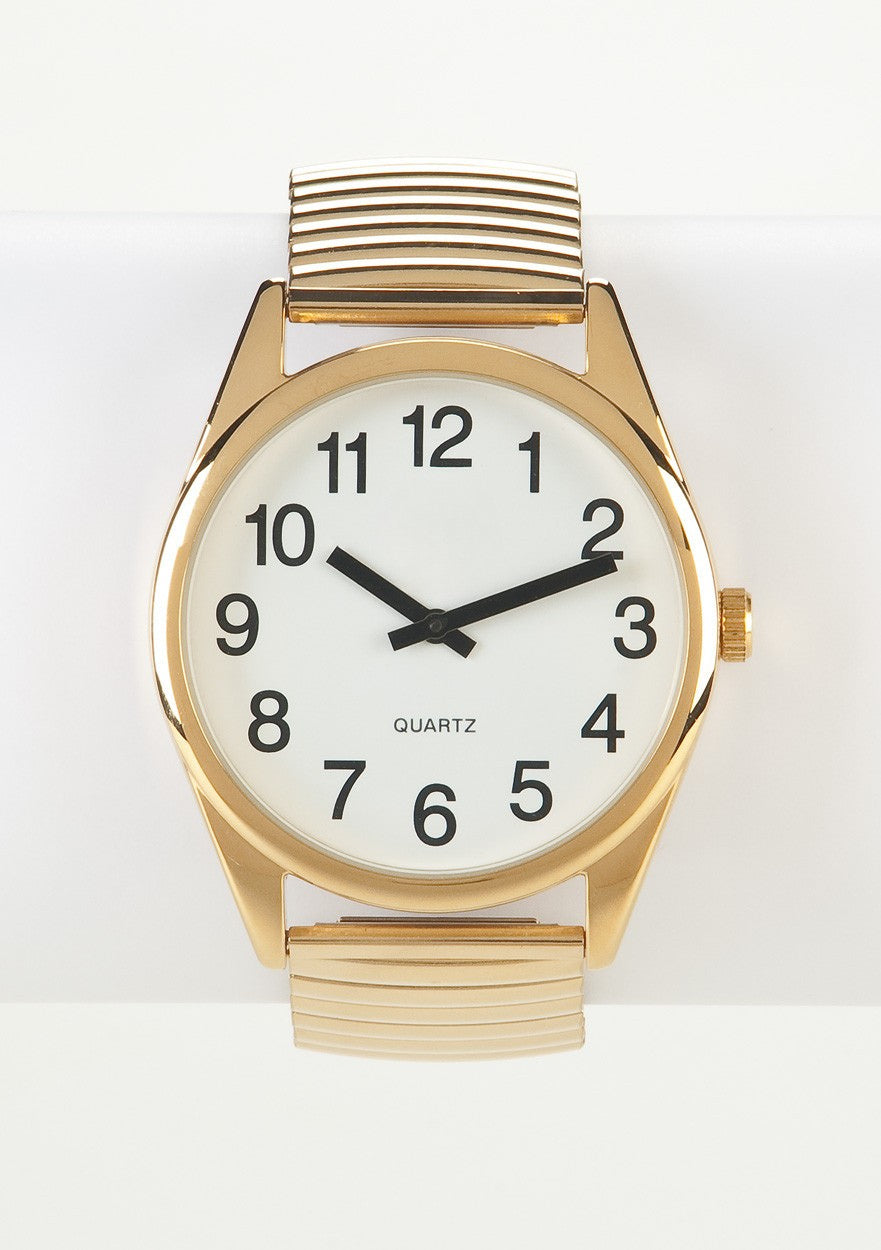 Low Vision Watch Gold Tone with White Face and Gold Expansion Band
