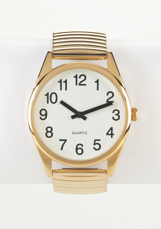 Low Vision Watch Gold Tone with White Face and Gold Expansion Band