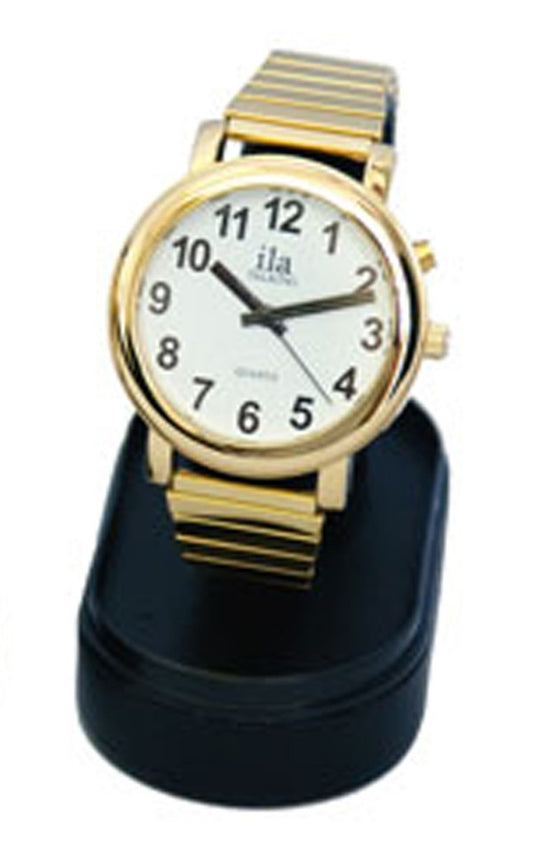 Ladies Gold 1 Button Talking Watch With Expansion Band features a CHOICE OF VOICE and a streamlined functionality with just one exposed button great for users with low vision or blind. Now, with a simple press, users can effortlessly select between a male or female voice to announce the time.