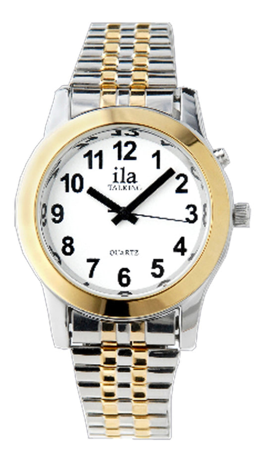 Introducing the exquisite Classic 1-Button Ladies Two Tone Talking Watch with Choice-of-Voice talking watch, designed for customers who are blind or low vision who seek a silver and gold tone timepiece to complement their cherished jewelry.