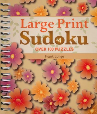 The Super-sized Large Print Suduko Book 4 equals super-sized fun! Each 8x10 page features just one puzzle, great for players who are low vision. Book is a light orange with beautiful multi colored flowers on the cover.