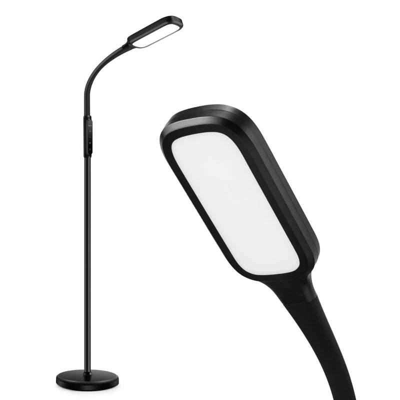 Reading floor lamp by Lastar features a sturdy circular base and controls bar near the top