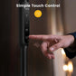 Simple touch control on the reading floor lamp by lastar. a persona hand is pressing the controls featuring a power button, M button for color mode, and a plus and minus buttons for brightness