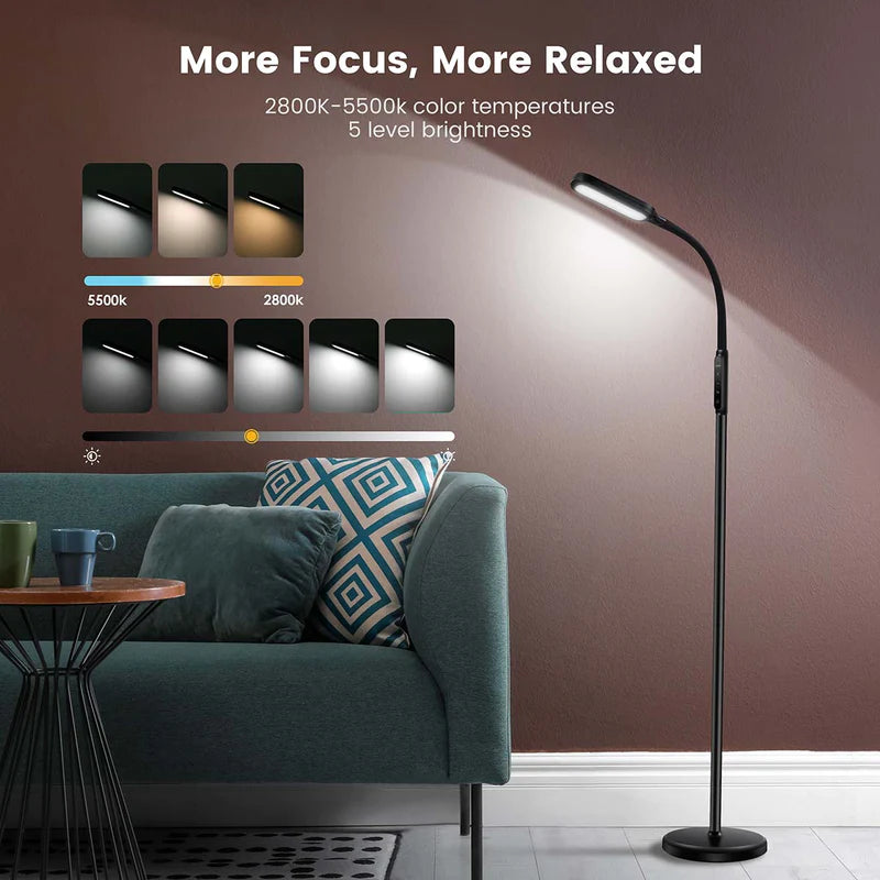 Reading Floor lamp by lastar lighting up a room with a green couch. Words "more focus, more relaxed. 2800K-5500K Color temperatures 5 level brightness.