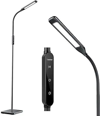 Lastar reading floor lamp with adjustable brightness (2800-5500K) and dimming, perfect for people with low vision. Features glare-free LEDs, a 360° adjustable neck, a 60-minute timer, memory function, and a stable base. Its sleek design fits any room. Featured here fully extended with three control buttons.