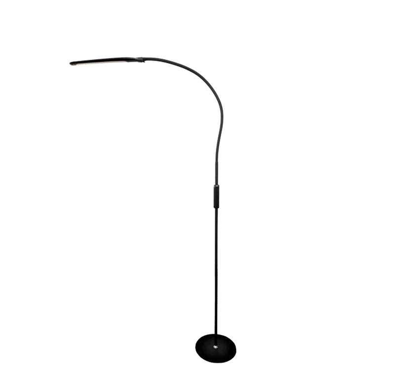 The Magno Lumina Max Floor Lamp is a sleek, modern black floor lamp with a sturdy round base and an adjustable, curved neck for positioning light. It is designed for individuals with low vision, offering customizable lighting options. Users can select from five color temperatures (3000K to 6500K, similar to natural daylight) and dim the brightness to suit their viewing needs. The lamp features energy-efficient LEDs, a touch control panel, and a remote control with extra settings like a night light mode and 