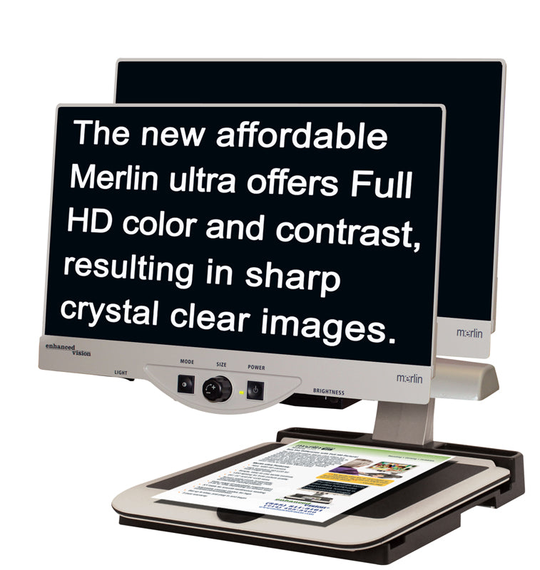 The new affordable Merlin HD Ultra 24 offers full high-definition color and contrast, resulting in sharp crystal clear images and vibrant color accuracy. Merlin ultra’s new Full HD camera allows for a wide field of view, displaying more text on the screen in amazing detail. Simply the greatest value and best picture quality available in HD desktop magnification, there’s even more to see with Merlin ultra!