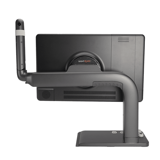 Rear view of MirrorPad Pro showing adjustable arm, integrated camera, and compact design for desktop magnification and distance viewing.