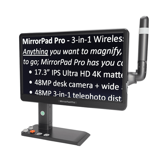 MirrorPad Pro magnifying printed text on its screen with white on black text in high contrast for easier reading and reduced eye strain.