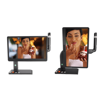 MirrorPad Pro displaying a magnified video image in both landscape and portrait orientations, showing flexible screen positioning.