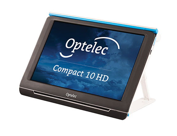 Front facing view of the Optelec Compact 10 HD portable digital magnifier designed for users who are low vision and visually impaired.