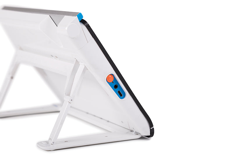 Side-facing view of the Optelec Compact 10 HD portable digital magnifier designed for users who are low vision and visually impaired with it's foldable support legs extended for stability and support. 
