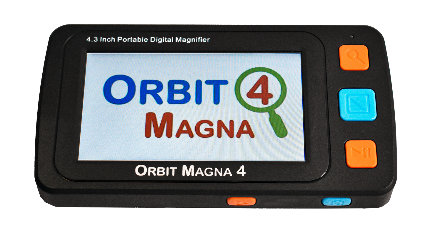 Front view of the Orbit Magna 4 handheld electronic magnifier in black, designed for individuals with low vision. The device features a 4.3-inch high-definition LCD screen with a 4x-32x magnification range, providing clear and high-resolution images. The white body has brightly colored orange and blue buttons for easy operation, and the lightweight, compact design is ideal for home or travel. The magnifier supports a TV or monitor connection for a larger view