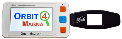 Front view of the Orbit Magna 4 handheld electronic magnifier with the black handle extended out to the right, designed for individuals with low vision. The device features a 4.3-inch high-definition LCD screen with a 4x-32x magnification range, providing clear and high-resolution images. The white body has brightly colored orange and blue buttons for easy operation, and the lightweight, compact design is ideal for home or travel. The magnifier supports a TV or monitor connection for a larger view