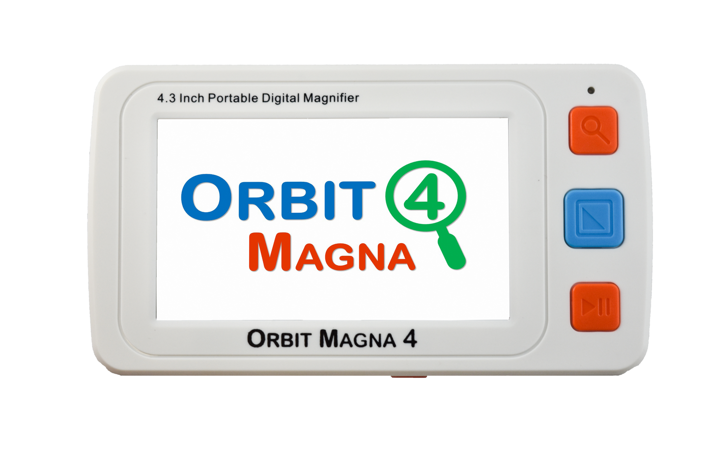 Front view of the Orbit Magna 4 handheld electronic magnifier, designed for individuals with low vision. The device features a 4.3-inch high-definition LCD screen with a 4x-32x magnification range, providing clear and high-resolution images. The white body has brightly colored orange and blue buttons for easy operation, and the lightweight, compact design is ideal for home or travel. The magnifier supports a TV or monitor connection for a larger view