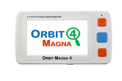 Front view of the Orbit Magna 4 handheld electronic magnifier, designed for individuals with low vision. The device features a 4.3-inch high-definition LCD screen with a 4x-32x magnification range, providing clear and high-resolution images. The white body has brightly colored orange and blue buttons for easy operation, and the lightweight, compact design is ideal for home or travel. The magnifier supports a TV or monitor connection for a larger view