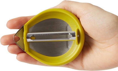 a hand holding the PalmPeeler showing it's blades within the secure shell.