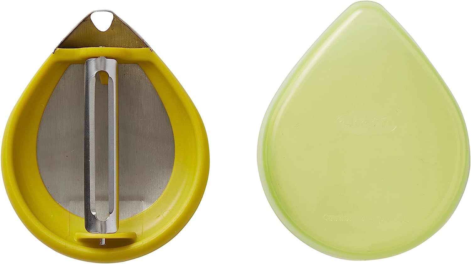 A top down view of the PalmPeeler Vegetable Peeler with its protective case.