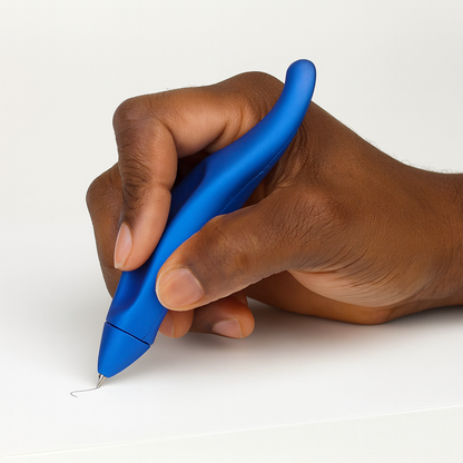 Close-up of an African-American hand holding a metallic blue PenAgain ergonomic Y-shaped pen while writing on white paper, designed for comfort and reduced hand strain.
