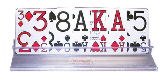 Clear 15-inch slotted playing card holder displaying an organized hand of cards with a front ledge for pencils, coins, or game chips.