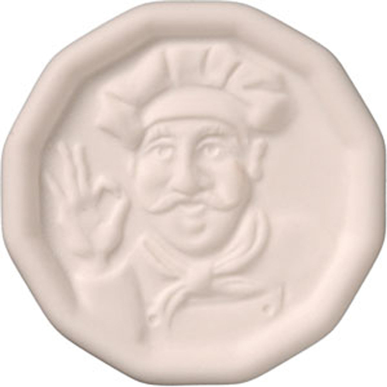 Pot Minder ceramic disc with raised chef design – prevents boil overs by regulating bubbles while cooking