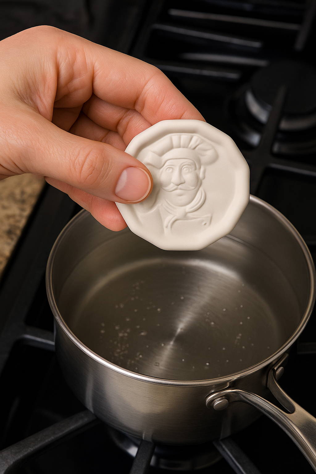 A hand holding the Pot Minder over a silver pot on a stove. 