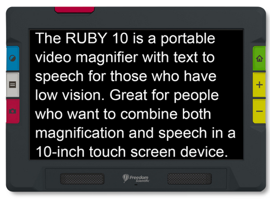 The Ruby 10 front shown with text saying "The Ruby 10 is a portable video magnifier with text to speech for those who have low vision. Great for people who want to combine both magnification and speech in a 10-in touch screen device."