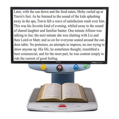 The TOPAZ EZ HD is an economical high-definition (HD) magnifier that emphasizes ease of use with single-function controls for users who are low-vision. The HD camera provides superior image quality, a wider field of view, and a lower magnification range.