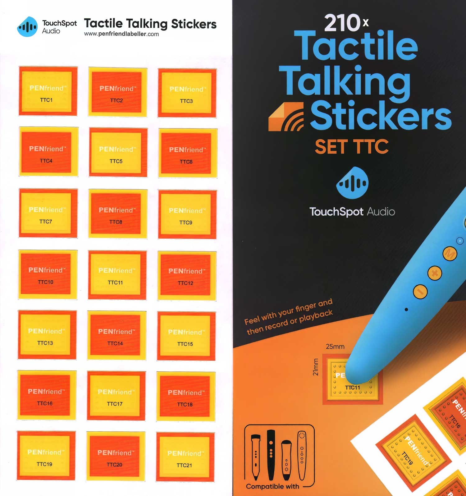 These rectangular labels are yellow with an orange border and have two sets of tactile features to make them accessible – a tactile line border near the edge and, inside that, a border of tactile circles. Each label measures 1" x 0.8"  (25 × 20mm.) 