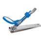 Silver toe nail clipper with an adjustable, round blue optical magnifier that magnifies with a 5x zoom the area the user is cutting.