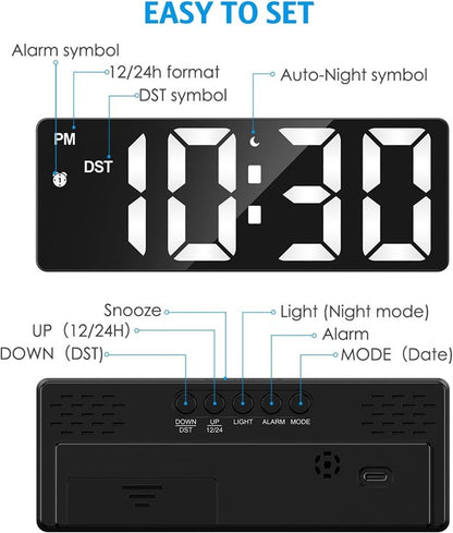 White LED digital alarm clock setup guide showing alarm, DST, auto-night mode, snooze, light, and date buttons