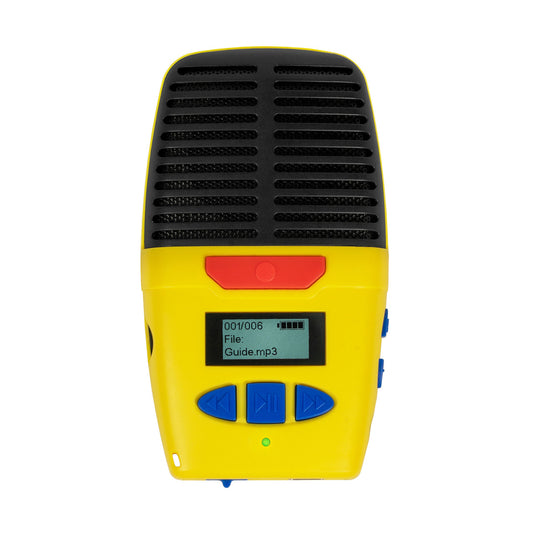 the Micro-Speak Plus 3rd Generation digital voice recorder, featuring a bright yellow body, large black speaker grille, a red tactile record button, blue navigation buttons, and a small LCD screen displaying file information. Yellow electronic device with black top and blue buttons on a white background