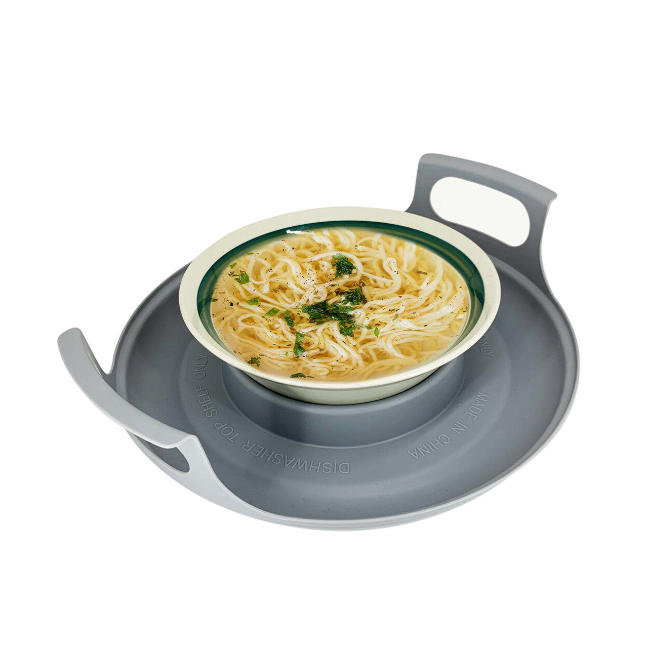 Microwave Caddy with a bowl of noodles on top – A versatile kitchen accessory suitable for individuals with visual impairments, accommodating plates or bowls from 5 to 10 inches in diameter, providing safe handling of hot microwave dishes