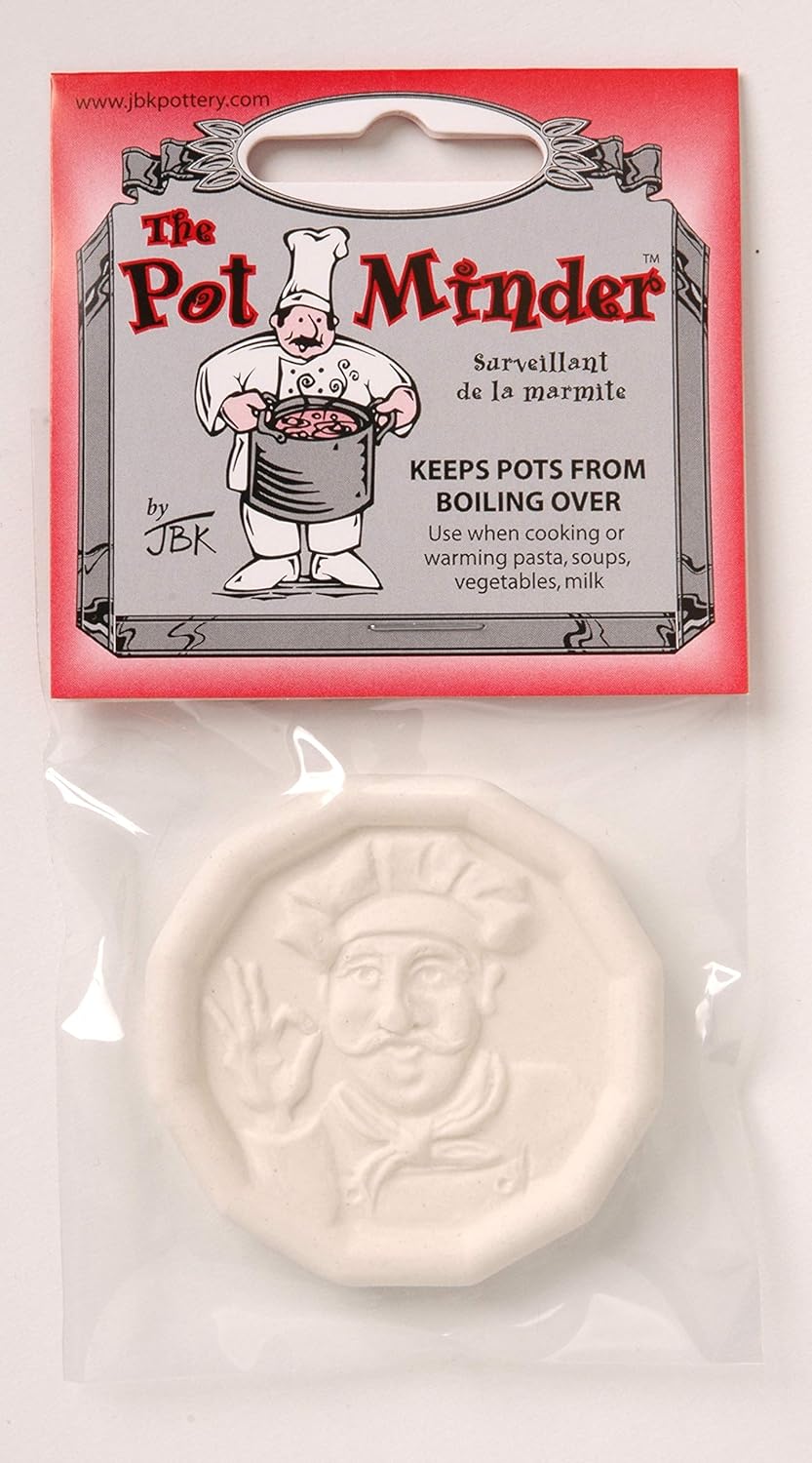 Pot Minder in it's packaging showing ceramic disc with raised chef design – prevents boil overs by regulating bubbles while cooking