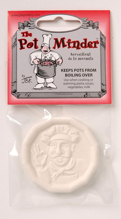 Pot Minder in it's packaging showing ceramic disc with raised chef design – prevents boil overs by regulating bubbles while cooking