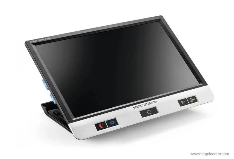 Eschenbach Visolux XL HD portable video magnifier shown with a blank screen and fold-out stand.