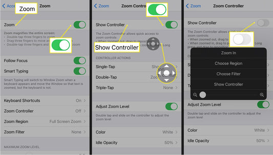 Screenshots displaying how to enable the Zoom Controller