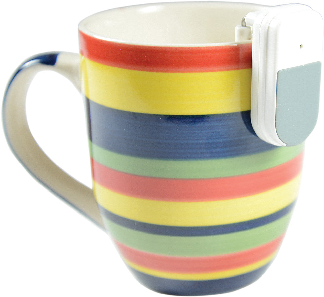 A 2 Stage Liquid Level resting on the edge of a rainbow colored cup. Great for people who are visually impaired gives off an audible sound when the water level reaches the top of your cup.