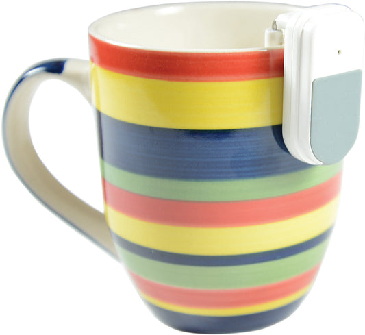 A 2 Stage Liquid Level resting on the edge of a rainbow colored cup. Great for people who are visually impaired gives off an audible sound when the water level reaches the top of your cup.