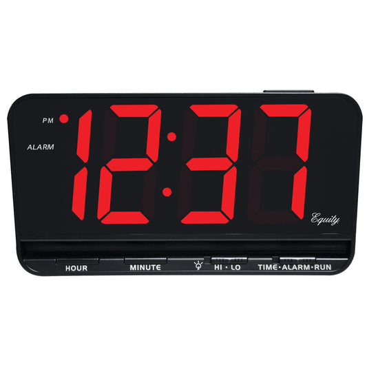 Red LED Clock display with 3" bold red numbers reading the time of 12:37 PM. Alarm, hour Minute, brightness and time set buttons can be seen on front of the device.