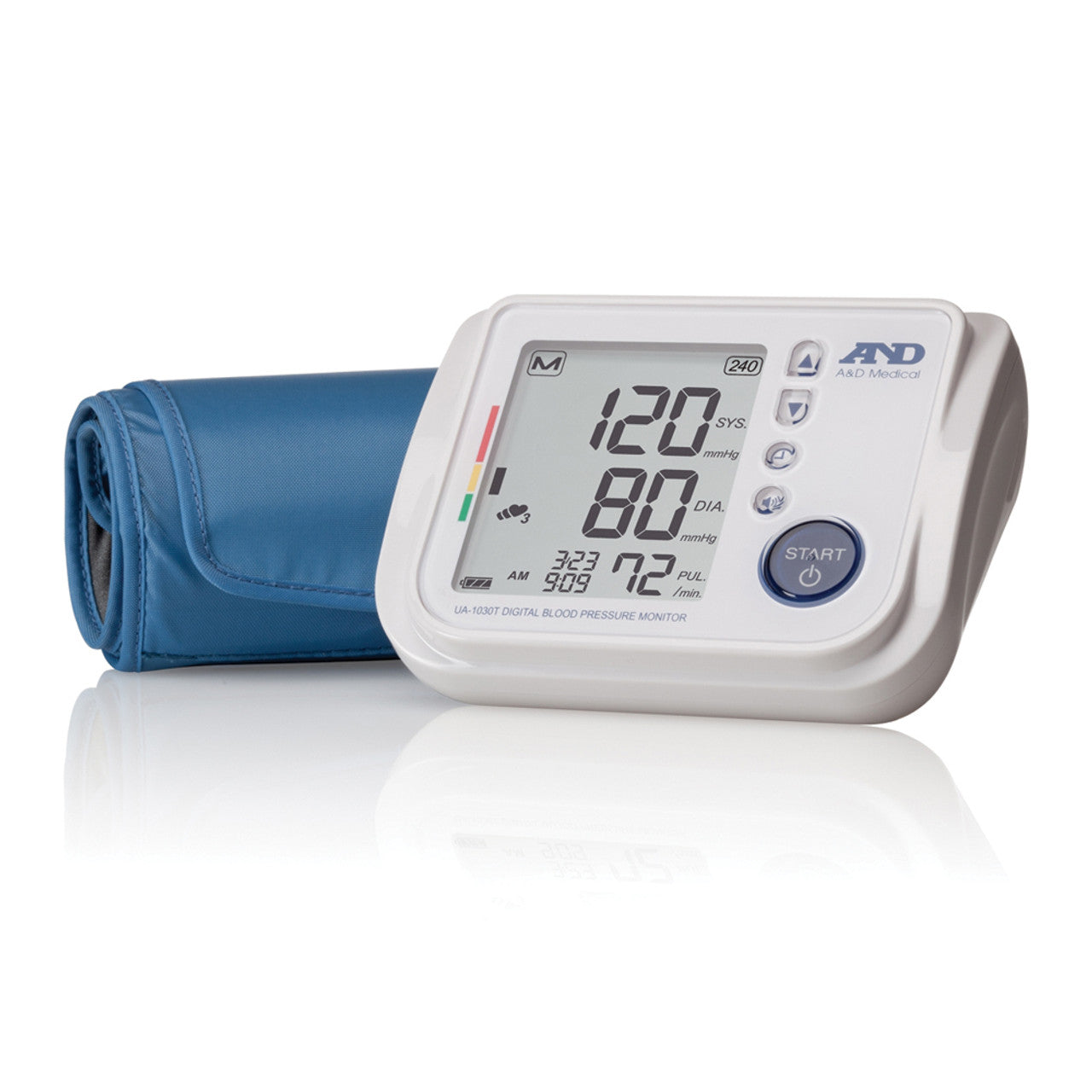 AMD Talking Blood Pressure monitor with blue medium sized arm cuff.