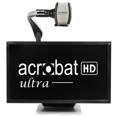Large 27 inch screen displaying the words acrobat ultra hd in white. A camera attached to a metal arm is out over the top of the electronic magnifier looking down