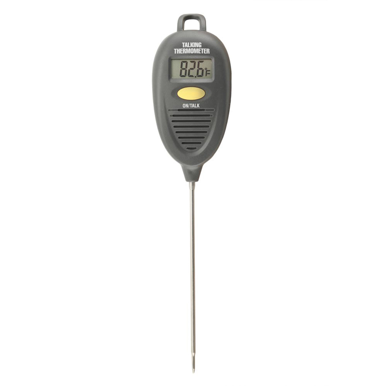 All Purpose Talking Thermometer features a small digital display timer and a yellow off/on button on the front of the device below the LED display. 