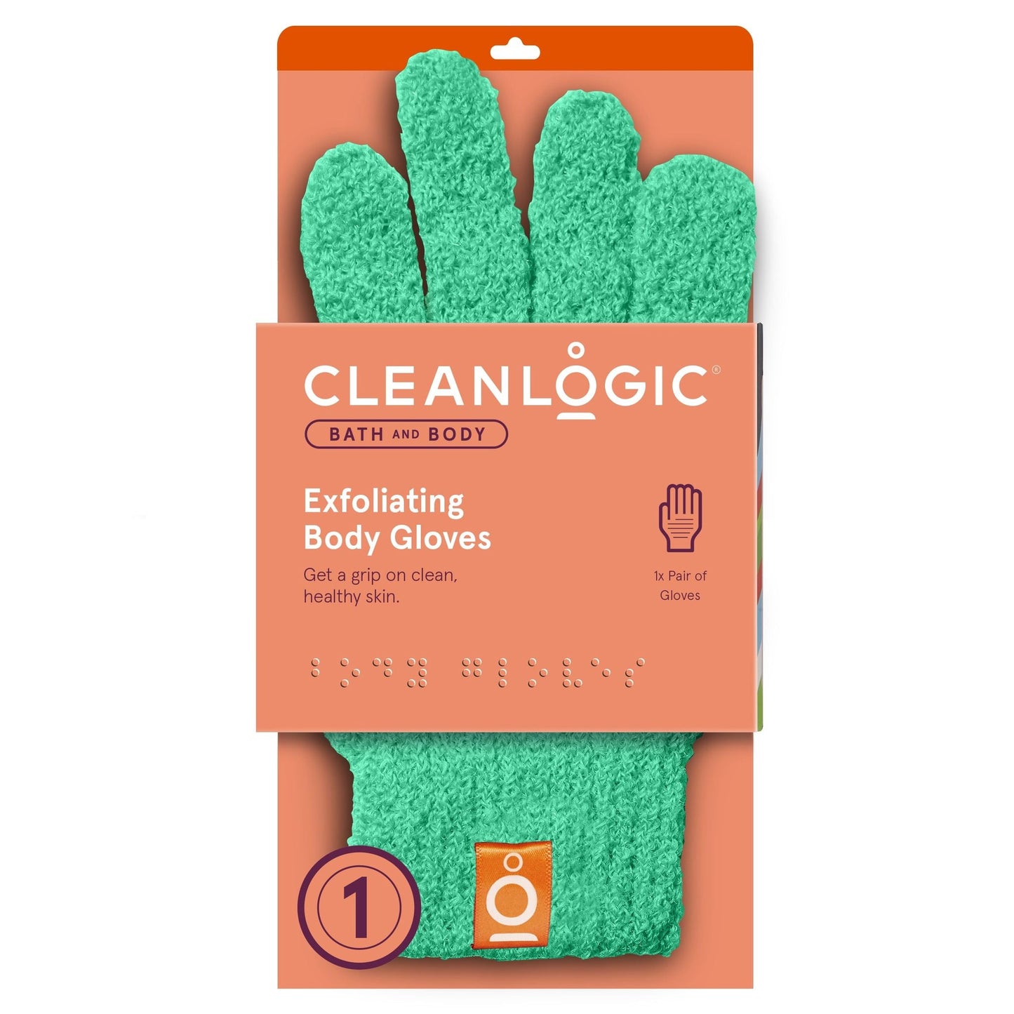Green Body Exfoliating Gloves in orange packaging by CleanLogic with braille written on the package