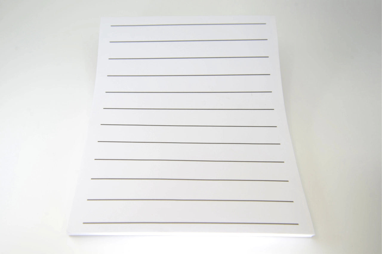 White paper with bold black lines on both sides of the 8.5 x 11 inch sheets. Lines are .87 inches apart. 100 sheets to a pad. 12 lines per page. Great for those who are low vision or visually impaired.